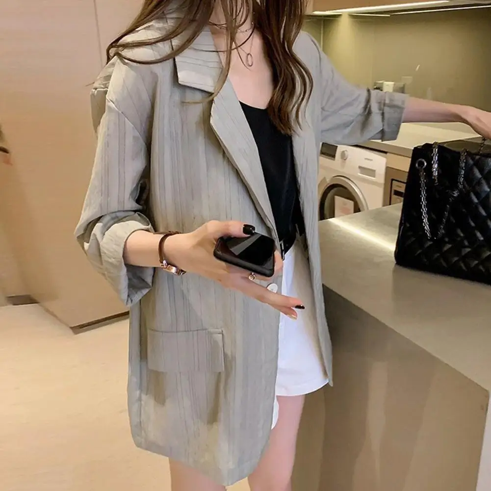 

Single Button Thin Women Suit Coat Striped Print Lapel Chic Women's Long Sleeve Suit Coat with Flap Pockets Single Button