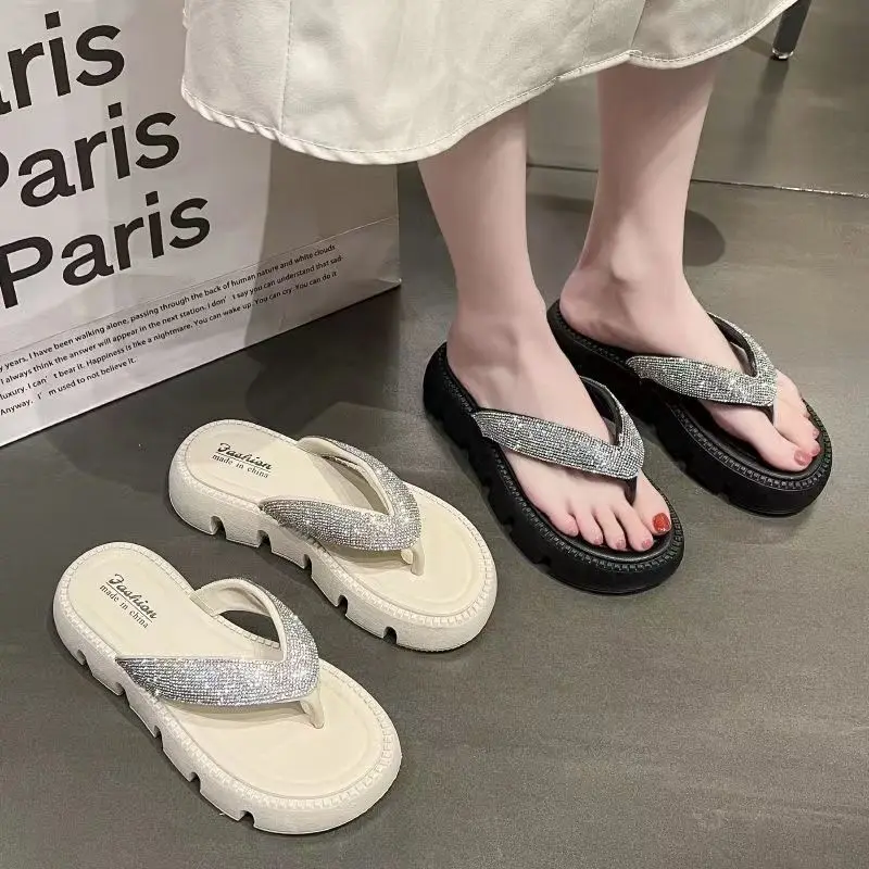 

2023 Summer Fashion Rhinestone Flip Flops For Female Casual Beach Women Slipper Solid Thick Platform Shoes Sandals