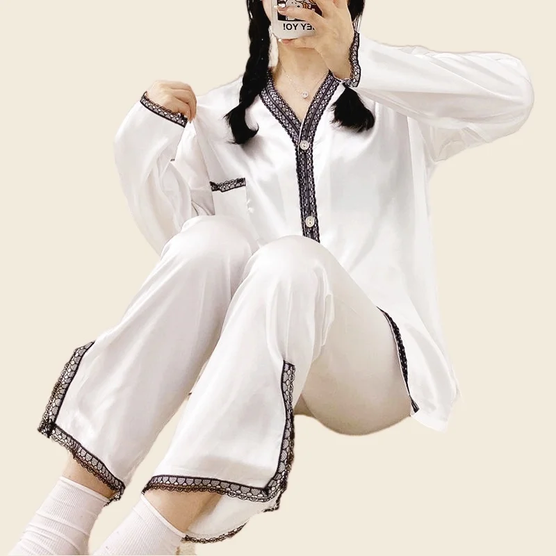 Women's Pajamas Set Full Sleeve T-shirt Long Pants 2Piece/Set Autumn/Spring Sexy Black Pyjama Big Size Homewear Cozy Silk PJS