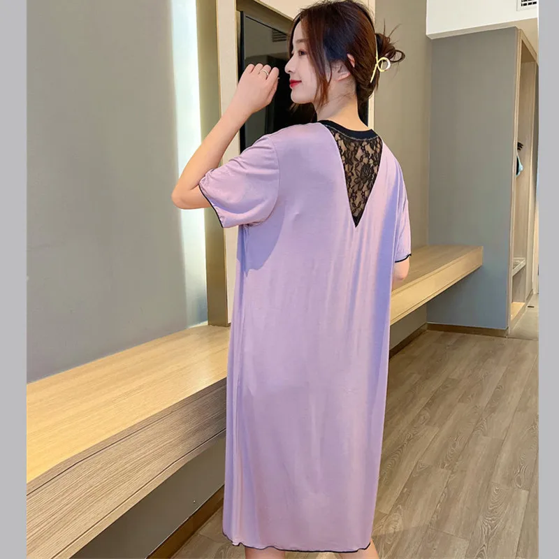 

Fdfklak Modal Cotton Summer Beautiful Back Dress Women's Short-Sleeved Nightgowns Casual Ladies Nightdress Nuisette Femme Sexy