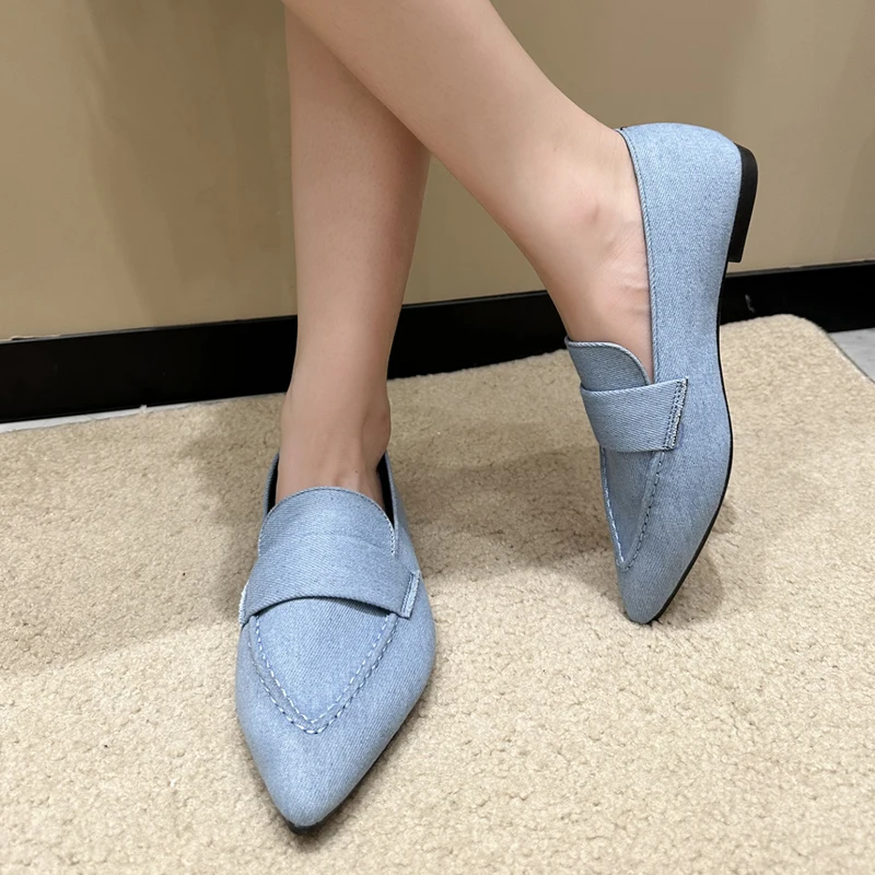 Denim Shoes Woman Fashion Pointed Toe Moccasins Ladies Blue Canvas Flat Loafers Plus Size