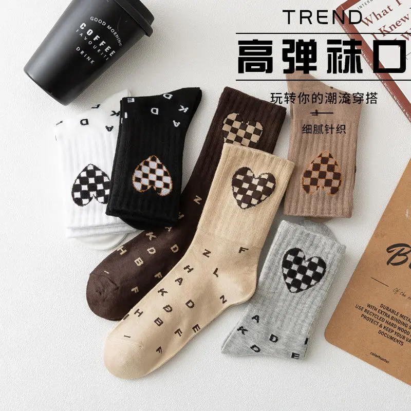 

Love checkerboard female autumn and winter ins tide retro plaid Harajuku letter socks