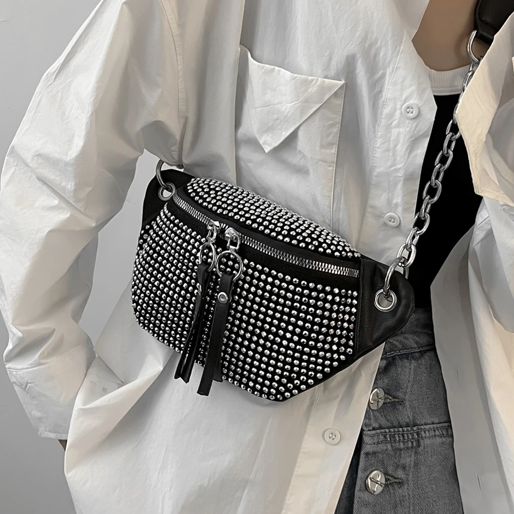 

Luxury Designer Studded Chain Crossbody Chest Bags For Women New 2022 Trend Fashion Black Waist Fanny Pack Sling Ladies Handbags