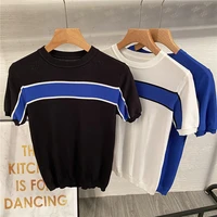 2022 summer short sleeved sweater striped korean version fashion slim breathable color round neck top mens t shirt tide y2k