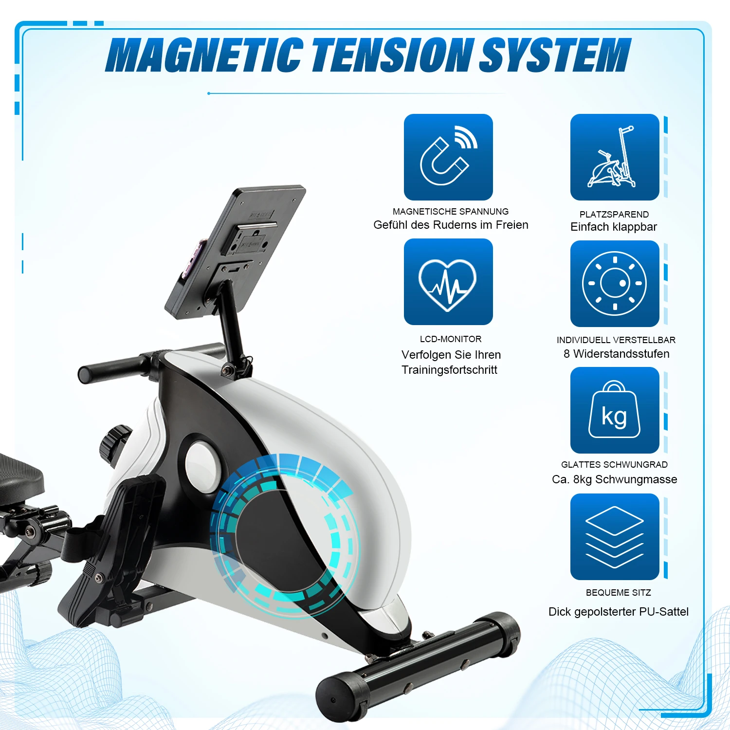 Складная магнитная гребная машина с ЖК-дисплеем 8 уровней сопротивления |