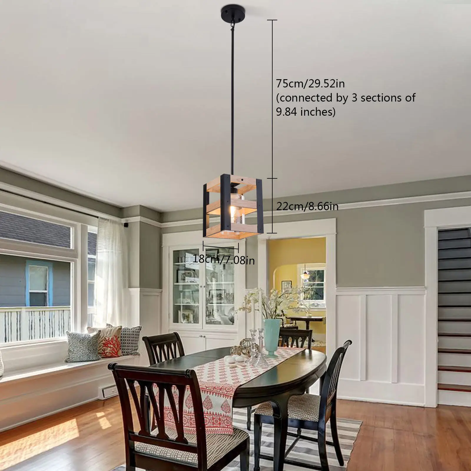 

Modern Pendant Lamp Metal Wood Cage Hanging Ceiling Light Living Room Kitchen Island Chandelier Home Fixture