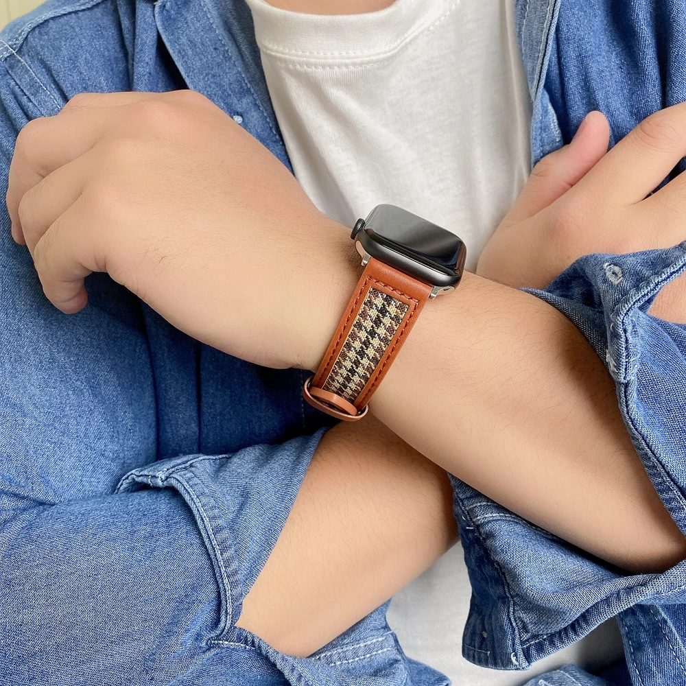 Ремешок мужской для Apple Watch 49Ultra кожаный браслет iwatch Houndstooth 44/40 мм 5 6 7 8 38 42 SE1 2 3 4