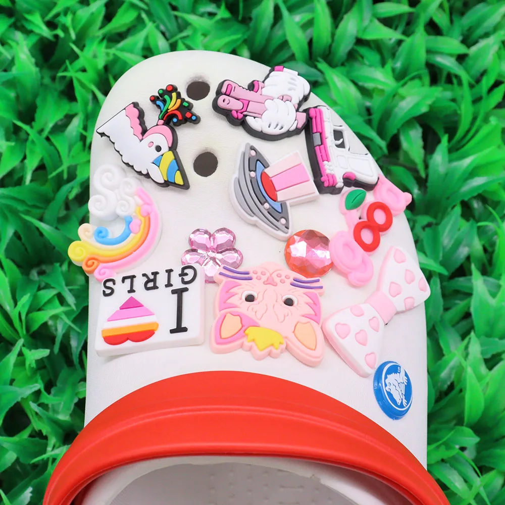 

1-11PCS PVC Buckle Clog Bow Rainbow Gun Cat Horse Lesbian Girls LGBT UFO Good Shoe Charms Croc Slipper Accessories Decorations