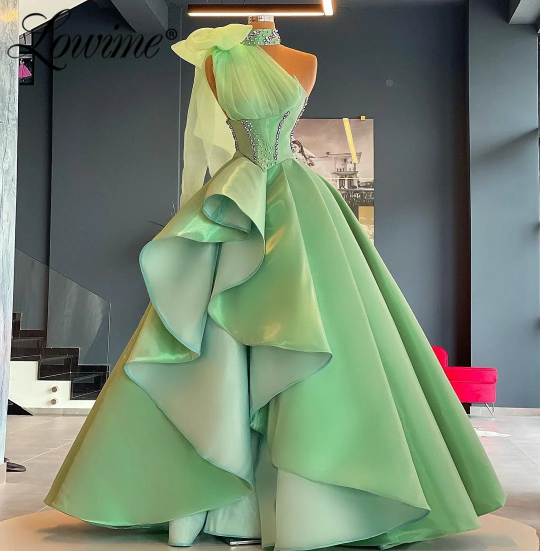 

Lowime Green Long Party Dresses 2022 One Shoulder Evening Dress Crystals Women Prom Gowns High Low Customize Celebrity Dresses