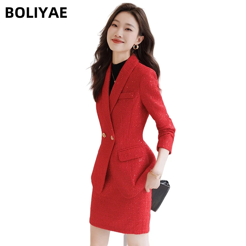 

Boliyae Women Slim Tweeds Skirt Suits Long Sleeved Blazers with Short Skirt Double Breasted Double Breasted Jacket Spring Autumn