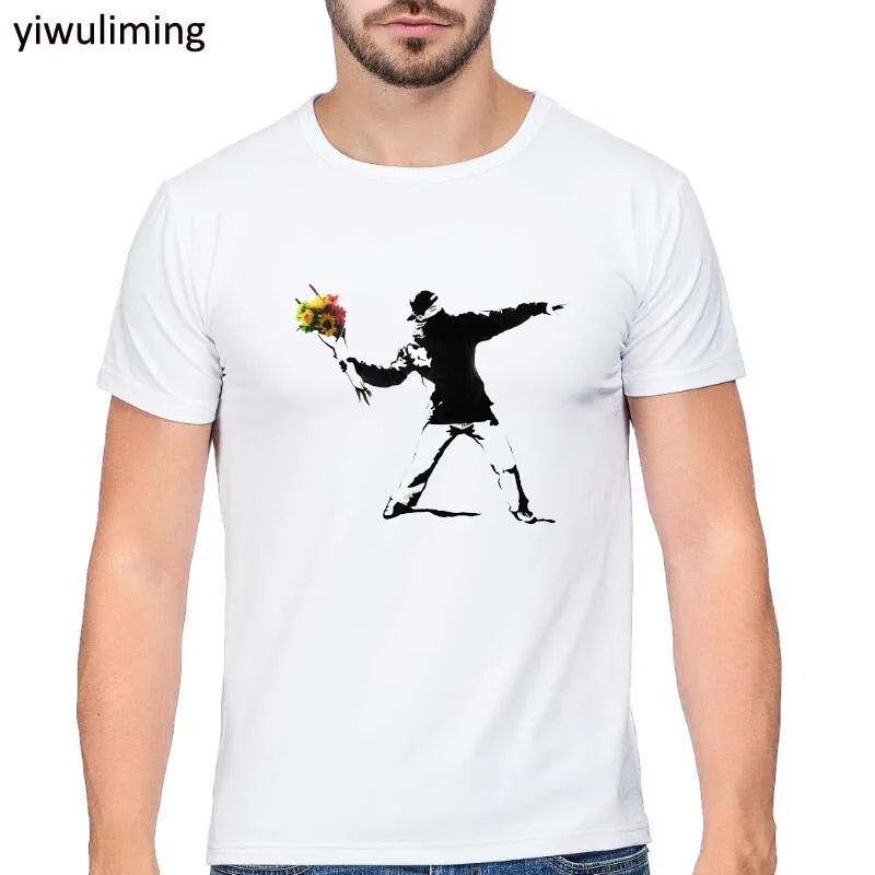 Men Shirt Brand Summer Clothes Banksy Flower Thrower T Shirts Fabric Men Tshirt Mens T-shirts Novelty Street Art Designer Tees