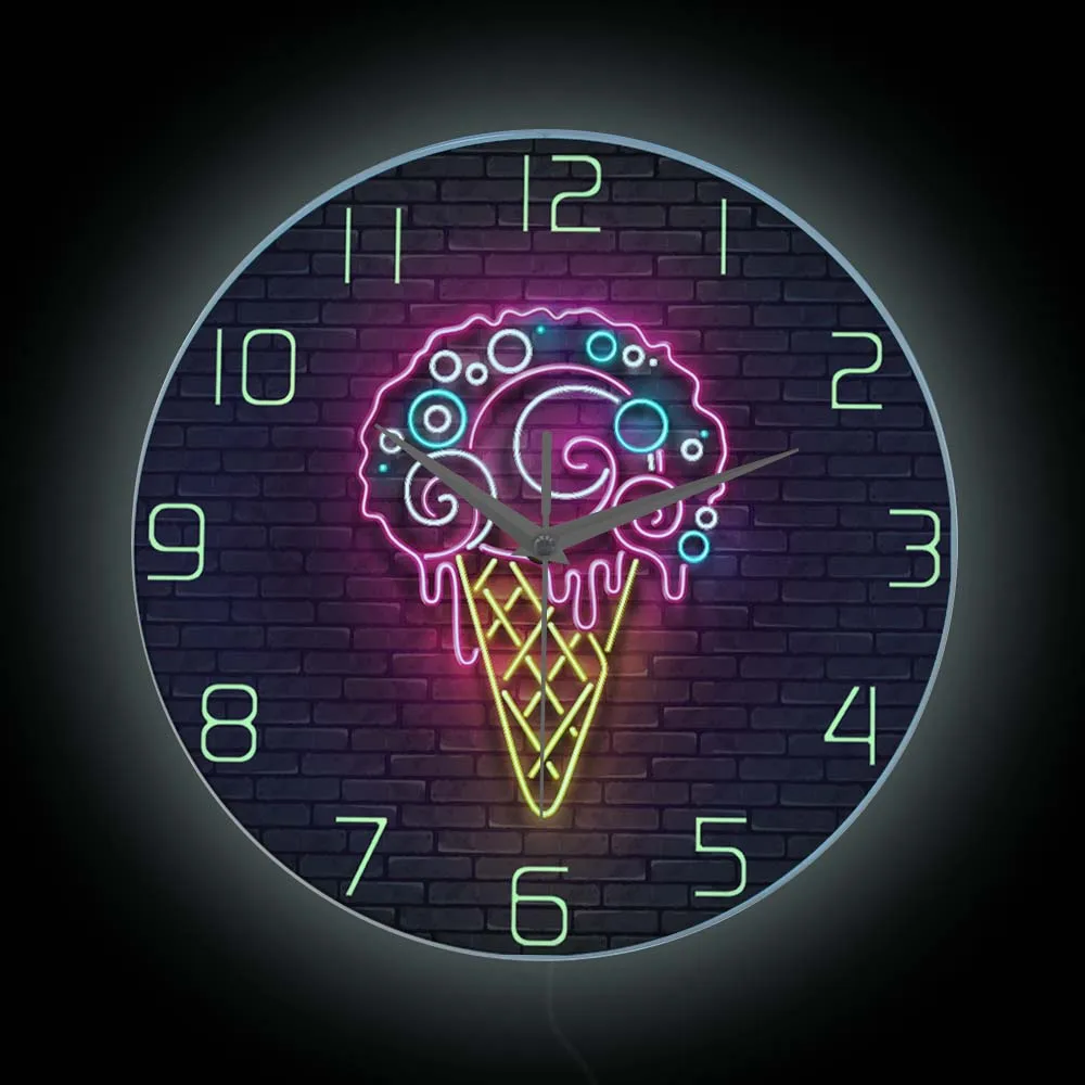 Ice Cream Shiny Neon Light Print Wall Clock For Ice Cream Sh