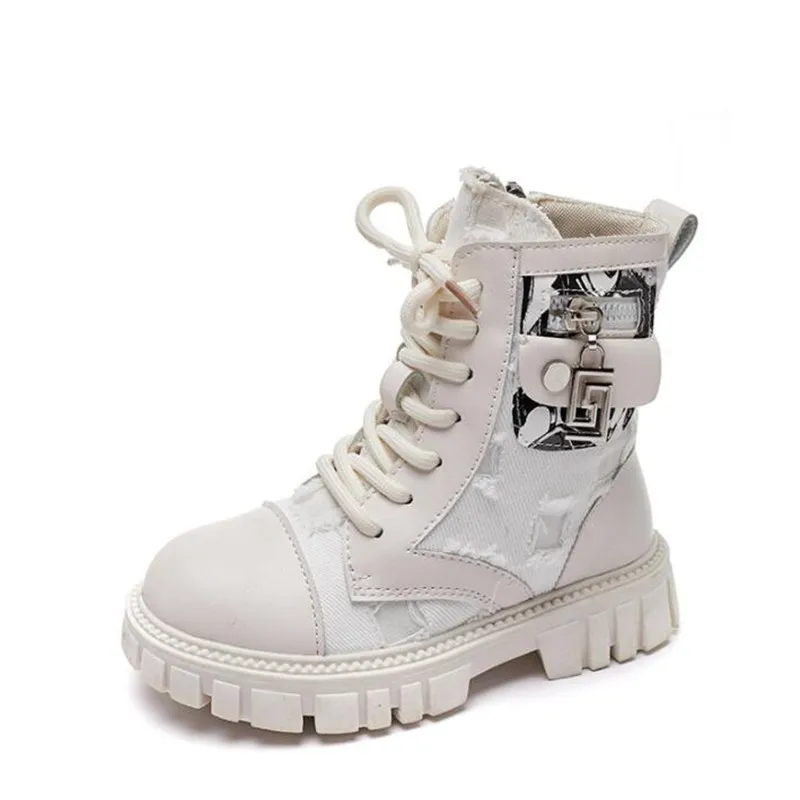 

2022 Autumn winter children's high top canvas leather boots Korean girls' fashion single boots kid's short boots 4-12Y