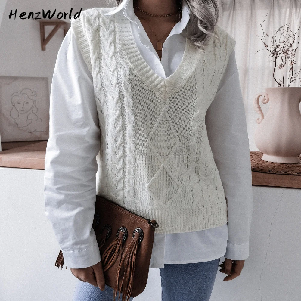 

HenzWorld Autumn And Winter 2022 Women Clothing Ins V-neck Fried Dough Twist Casual Loose Knit Vest Sweater Vest Female Wear