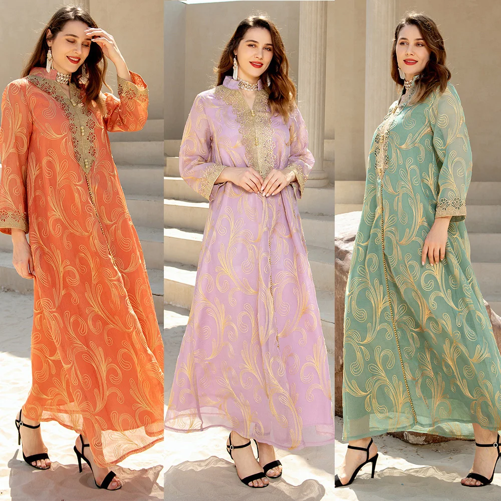 Мусульманское официальное платье для женщин, Дубай, абайя для женщин, мусульманский, оранжевый, фиолетовый, зеленый халат Djellaba, одежда для ф...