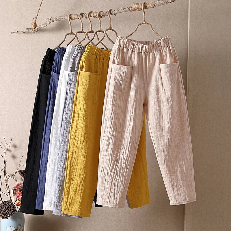 

Lady Casual Pants Fashion Cotton Linen Harem Pants Women Summer Loose High Waist Elastic Ankle-length Pants Solid Oversize 4XL
