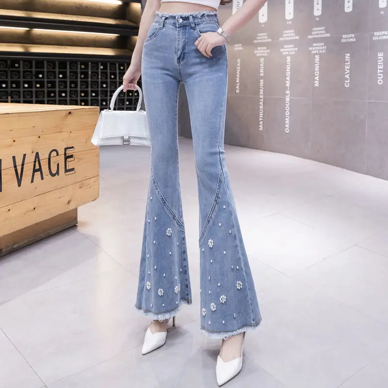 

High Waist Beaded Flare Jeans Women's Thin Spring And Autumn New Straight Draping Wide Leg Drag Pants