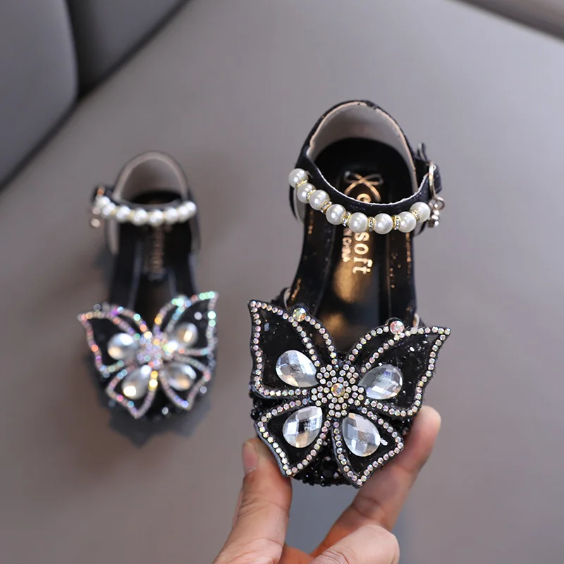 

Kids Shoes Girls Pearl Rhinestone Bow Princess Performance Shoes Children Flat Non Slip Casual Shoes 2022 Spring Autumn Shoes