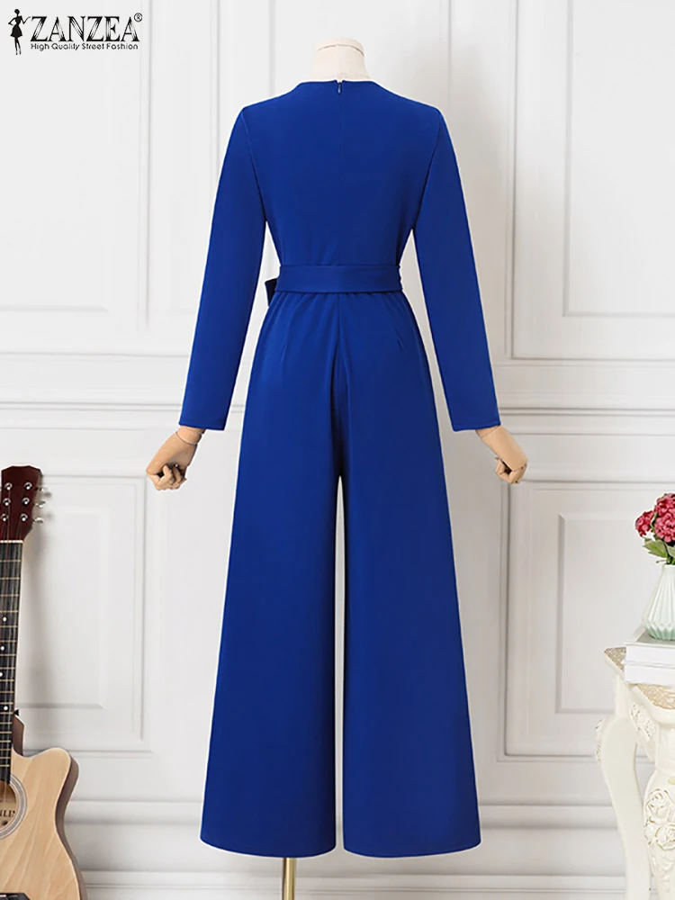 ZANZEA Classy Ladies Long Sleeve Long Rompers Casual Fashion Overalls Women Belted Wide Leg Pants Elegant O-neck Party Jumpsuits