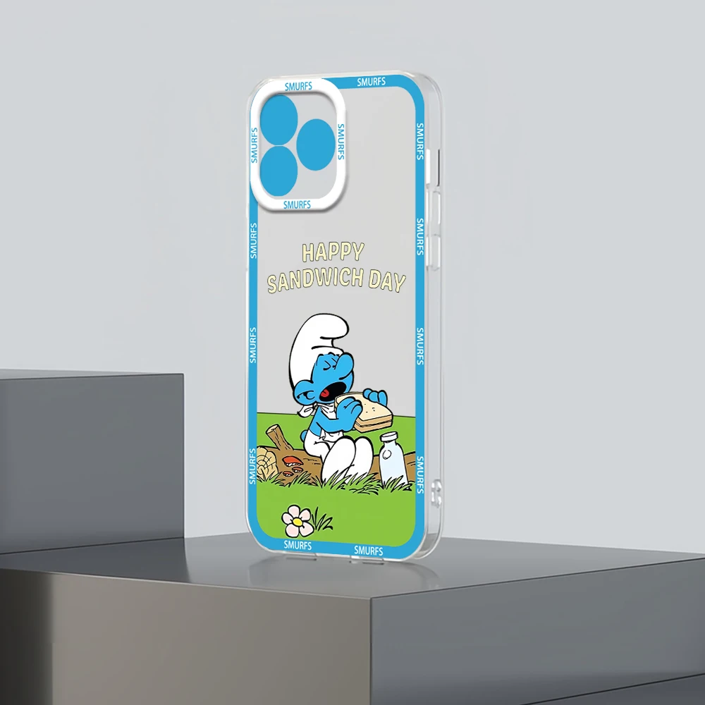 Фото Мультфильм S-Smurfs CUTE для iPhone 12, 11, 13, 14, 15, 16, Max Pro Plus, мини-защитный чехол, прозрачная рамка №2