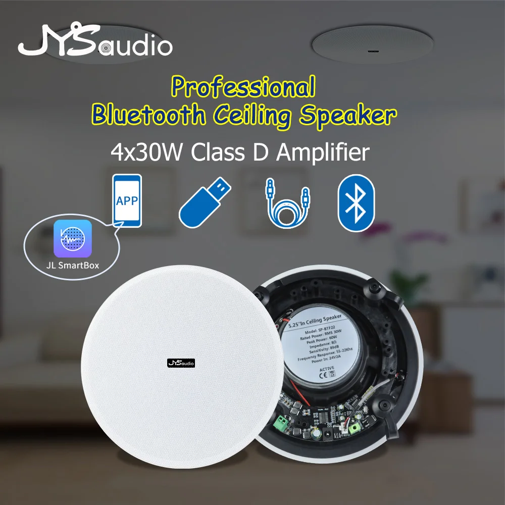 2 Pieces Class D 4 Inch Frameless Coxial Ceiling Speaker with Magnetic Grill Speakers Support AUX USB Bluetooth Indoor 24V 2A