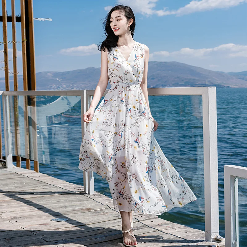 

Женское шифоновое платье без рукавов, приталенное длинное платье с широкой юбкой, Пляжная Праздничная юбка тайского Бали для лета