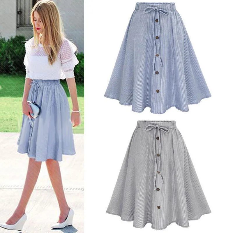 

Autumn New Fashion Pinstripe Mid Skirt Casual Women Self Tie Button Striped Skirts Summer Bow Tie A Line High Waist Skirt