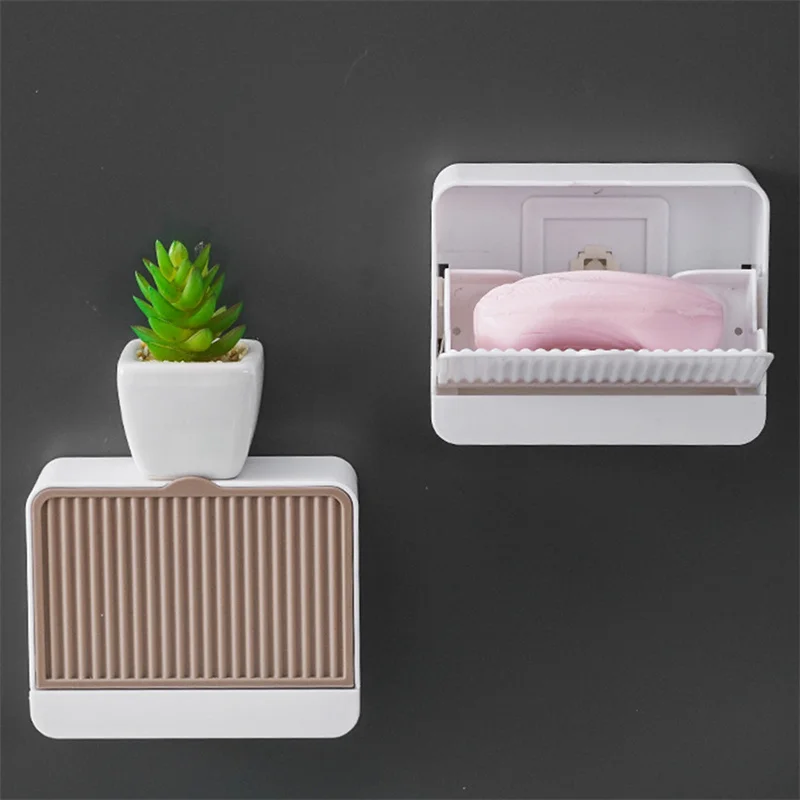 

Creative Wall Mounted Soap Box With Lid Double Grids Soap Draining Rack Bathroom Soap Holder