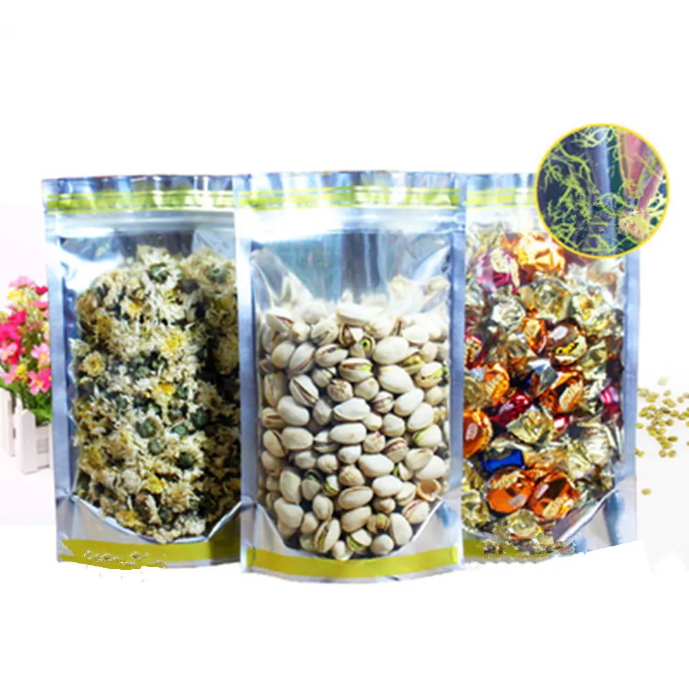 

100Pcs Gold Flower Transparent Aluminum Foil Food Packag Bag Stand Up Zip Lock Reusable Nuts Snacks Tea Spice Powder Dried Fruit