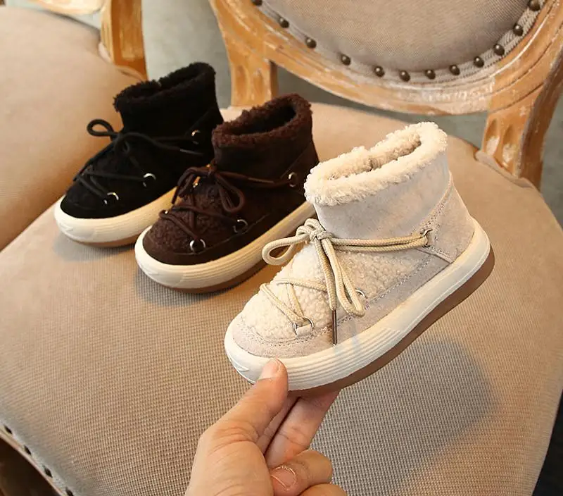 

2021 winter children's cotton shoes genuine leather boys' lambs wool warm and non slip girls' snow boots