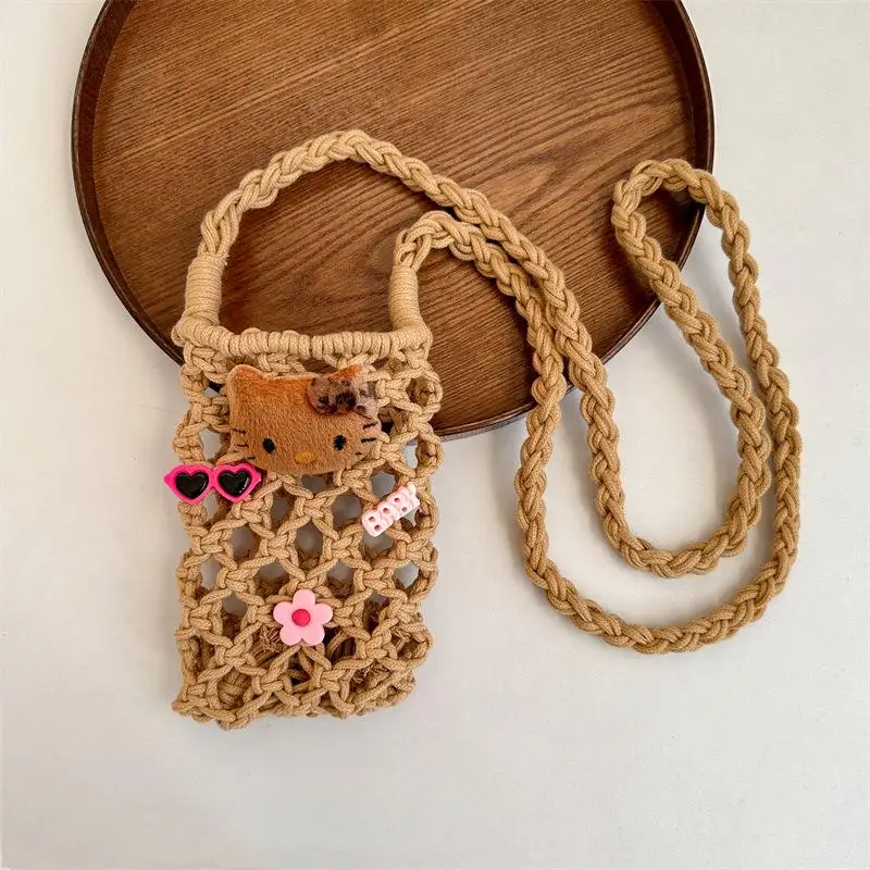 Sanrio Гавайская черная кожа Hello Kitty ручная работа плетеная Сумка для телефона