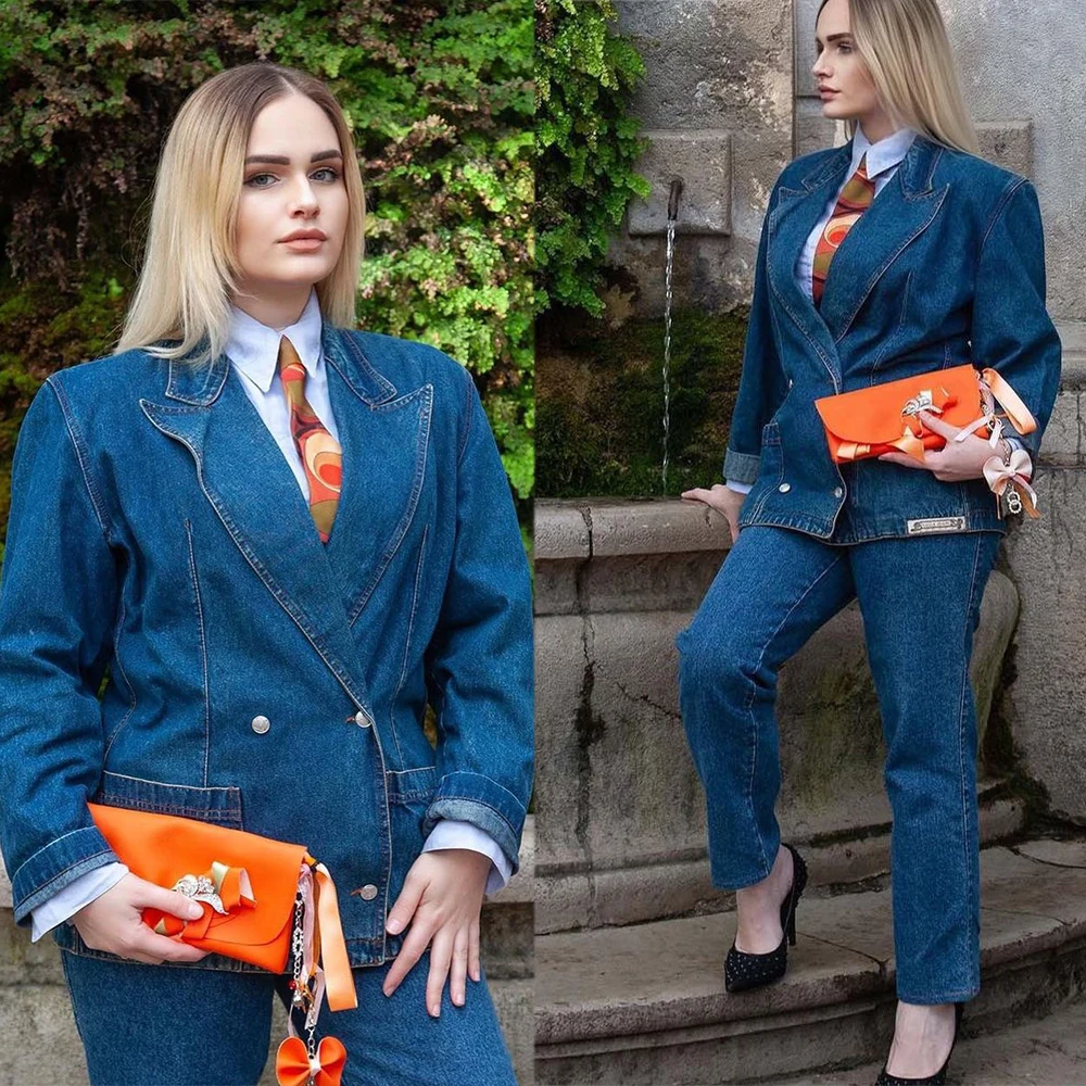

Женские винтажные джинсовые брюки из двух предметов, куртка с заостренным воротником, двубортные бриджи, брюки-карандаш, уличная одежда, мощные платья