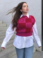 rose balls heart plaid sweater vest spring fashion sleeveless women short tops 2022 casual pull sans manches femme outwear