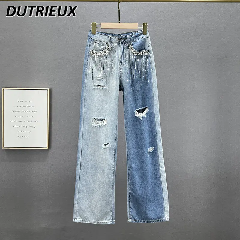 

Ripped Wide-Leg Jeans Women's Thin 2023 New Spring and Summer High Waist Loose and Slimming Bf Diamond-Embedded Trousers