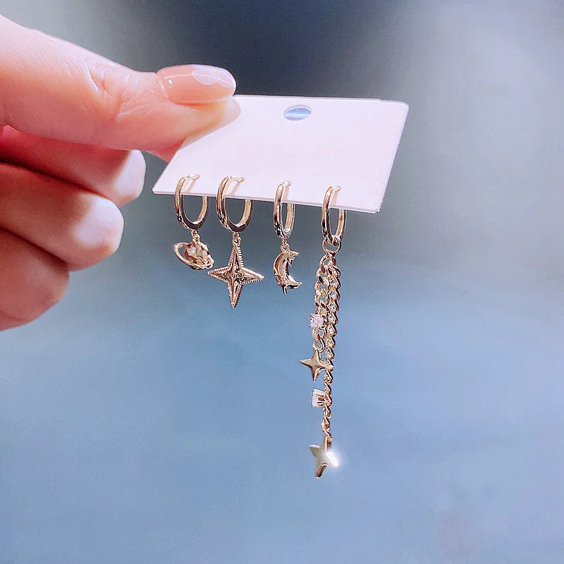 

Korean Fashion Cubic Zircon Crystal Star Moon Dangle Drop Earrings 2022 Punk Chain Tassel Earrings For Women Man Luxury Jewelry
