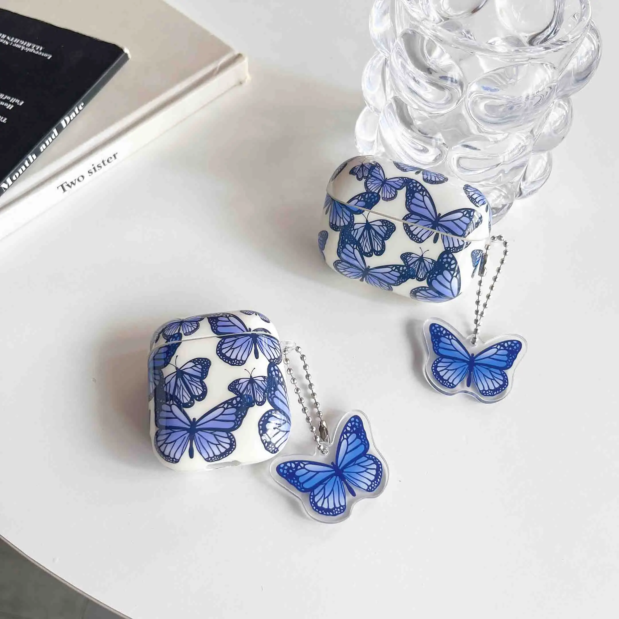 

Simple Blue Butterfly Cute Pendant Earphone Case for AirPods 1 2 3 Pro Air Pods Pro2 Wireless Bluetooth Charging Box Cover