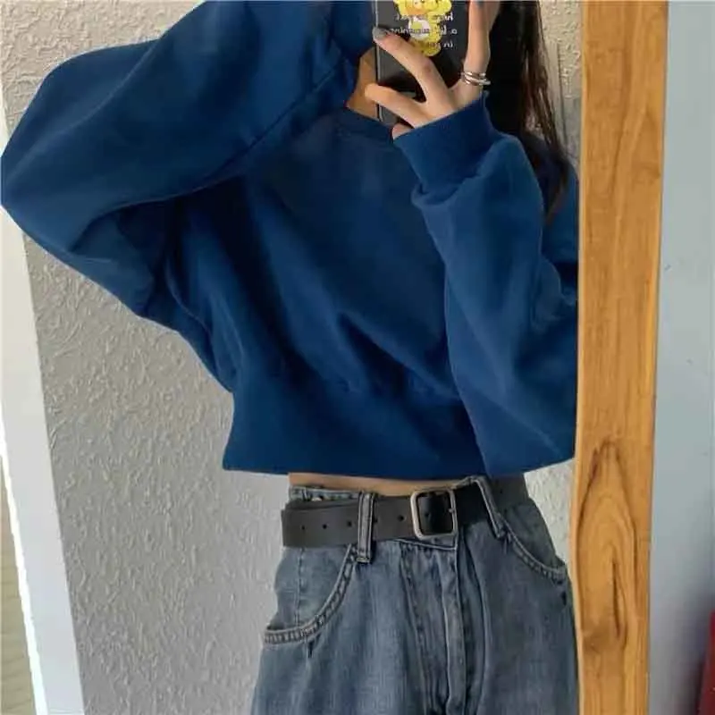 

Fall Cropped Sweatshirts Women Solid Korean Long Sleeve O Neck Casual Pullover Loose Harajuku Streetwear All Match Short Jumpers