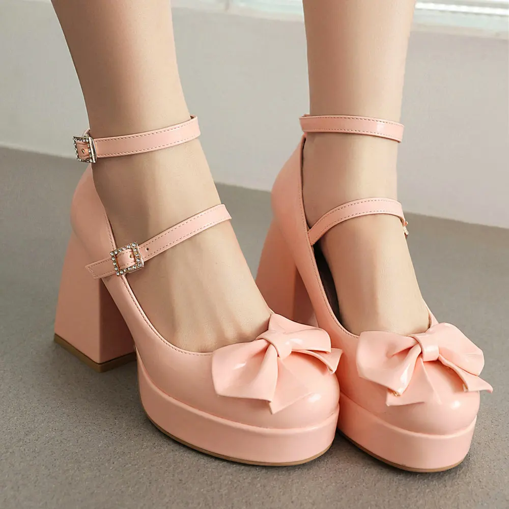 Japanese Lolita Shoes Chunky High Heel Thick Platform Queen Mary Jane Pumps with Sweet Bow Buckle Strap Pink Black White