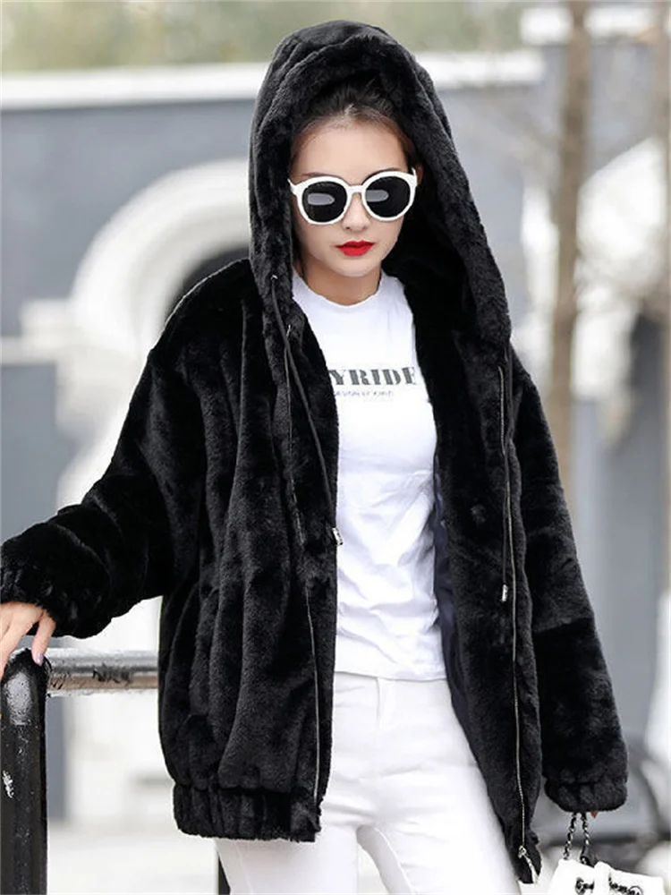 Temperament Slim Plus Velvet Thickened Imitation Rabbit Fur Coat Women 2022 Winter New Hooded Solid Color Plush Long Sleeve Coat