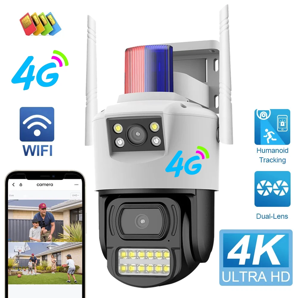 LTE 4G Camera SIM Card 4K 8MP Dual Lens WIFI IP Camera Outdoor IP66 Waterproof Two Way Audio AI Human Track Security Protection
