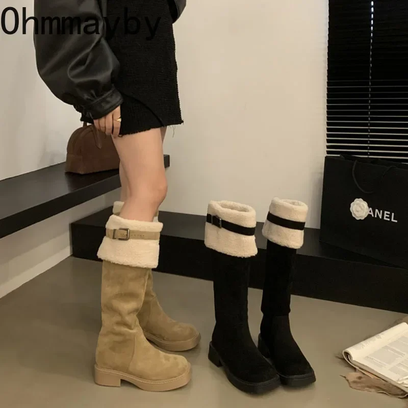 

Сапоги женские короткие плюшевые до колена, модные элегантные рыцарские сапоги без застежек, на низком каблуке, зимняя женская обувь