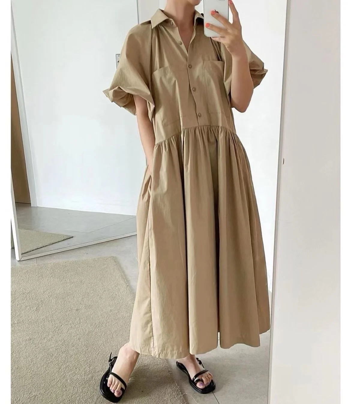 

Korean Style Lantern Sleeve Thin Medium Length Dress Minimalist Dress Pullover Loose Thin Elegant Dress Summer 2022 New