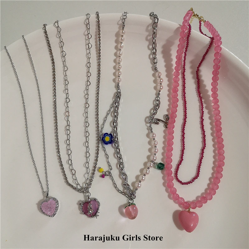 

2022 Korean Fashion Vintage Pink Zircon Love Heart Flower Peach Pendant Necklace For Women Girls Aesthetic Jewelry Accessories