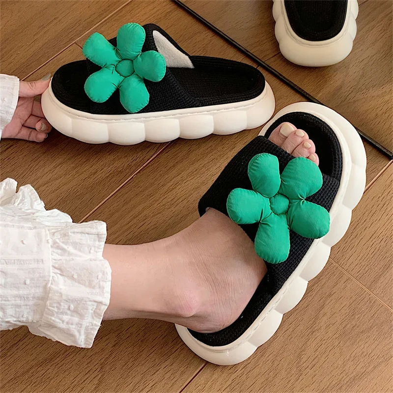 Women Cotton Slippers Breathable Linen Home Floor Shoes Female Male Platform Slides Cute Flower Thick Sole Couples Indoor Slides