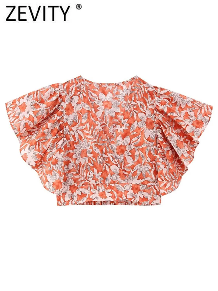 

Женская модная короткая блузка Zevity с V-образным вырезом и цветочным принтом, Женская плиссированная рубашка с рукавом-бабочкой, шикарные укороченные блузки, топы LS4230