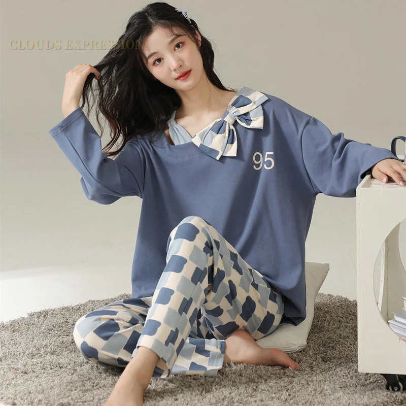 

Fake 1 For 2 Spring Combed Cotton Pajama Sets Women Pyjamas Plaid Sleepwear Loungewear Pijama Mujer Nightsuits Homewear Fashion