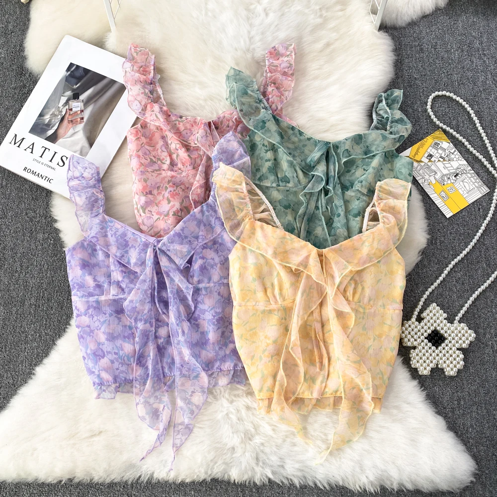 

Женский топ на бретелях-спагетти, с оборками