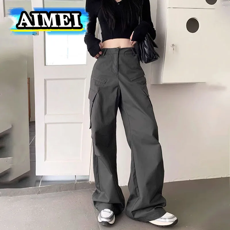 

Women's Y2K Clothes Dark Grey High Waist Cargo Pants Straight Wide Leg Skinny Leisure Baggy Trousers Streetwear Korean Style
