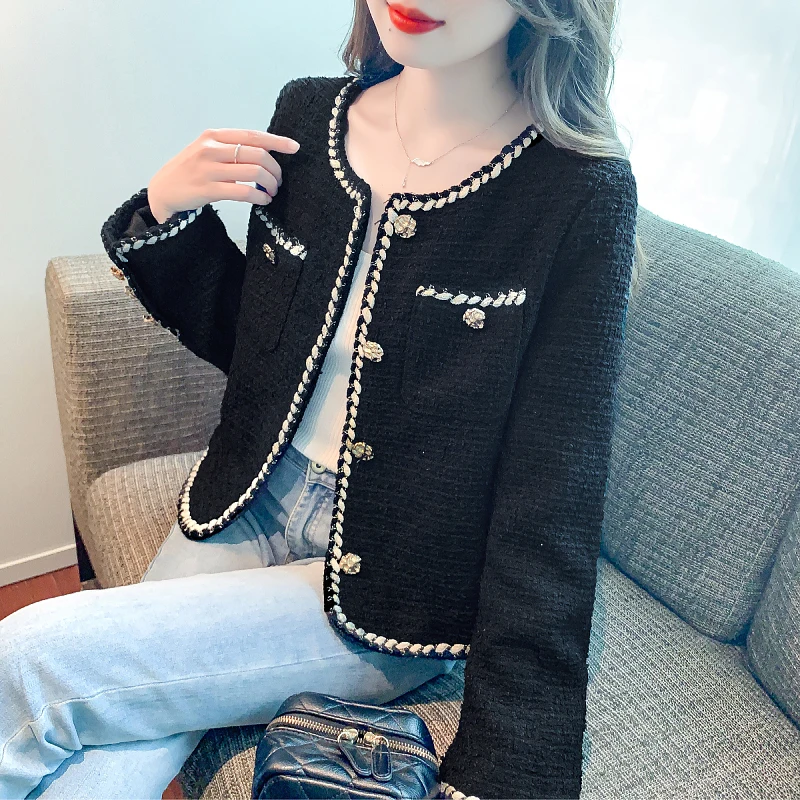 

Autumn Winter New Small Fragrance Women Clothing High Quality Black Temperament Single Breasted Long Sleeve Tweed Coat Jacket