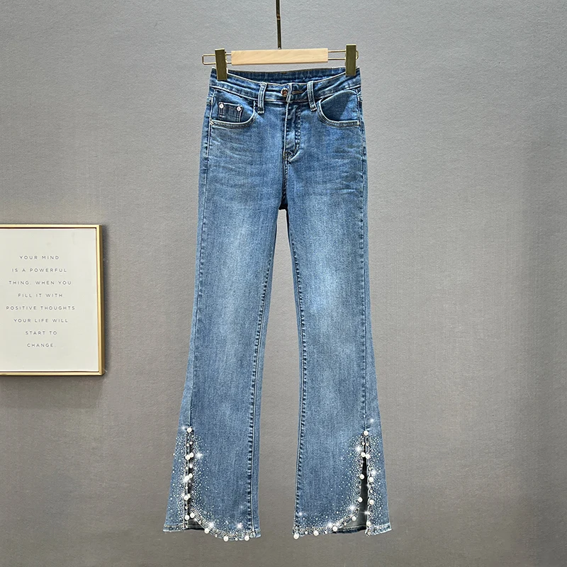 

Beaded Jeans for Women 2022 Spring New High Waist Slim Hot Rhinestone Split Bootcut Jean Trousers Office Lady Blue Denim Pants